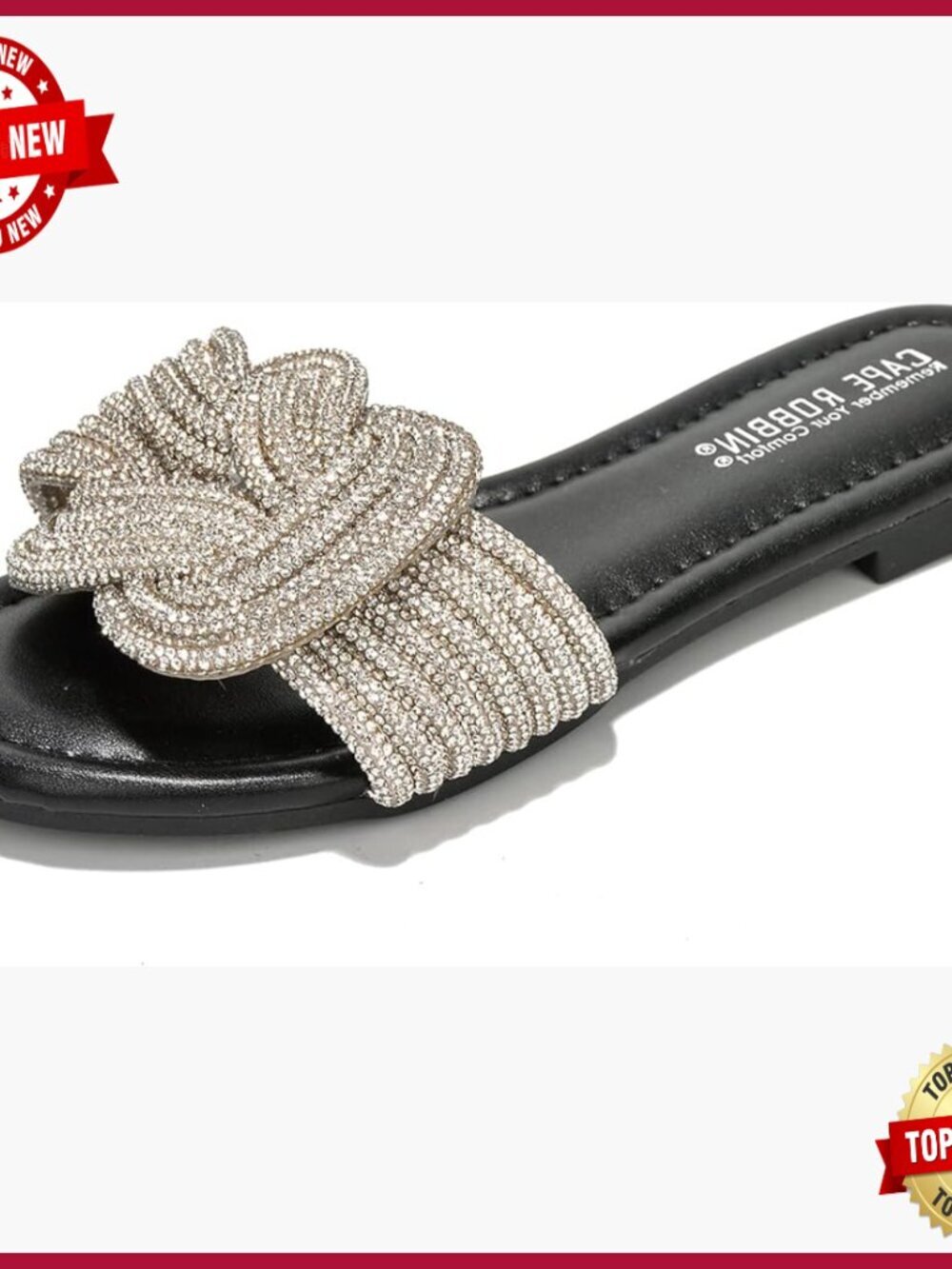 Glitter Flat Slide Sandals with Rhinestone Knot